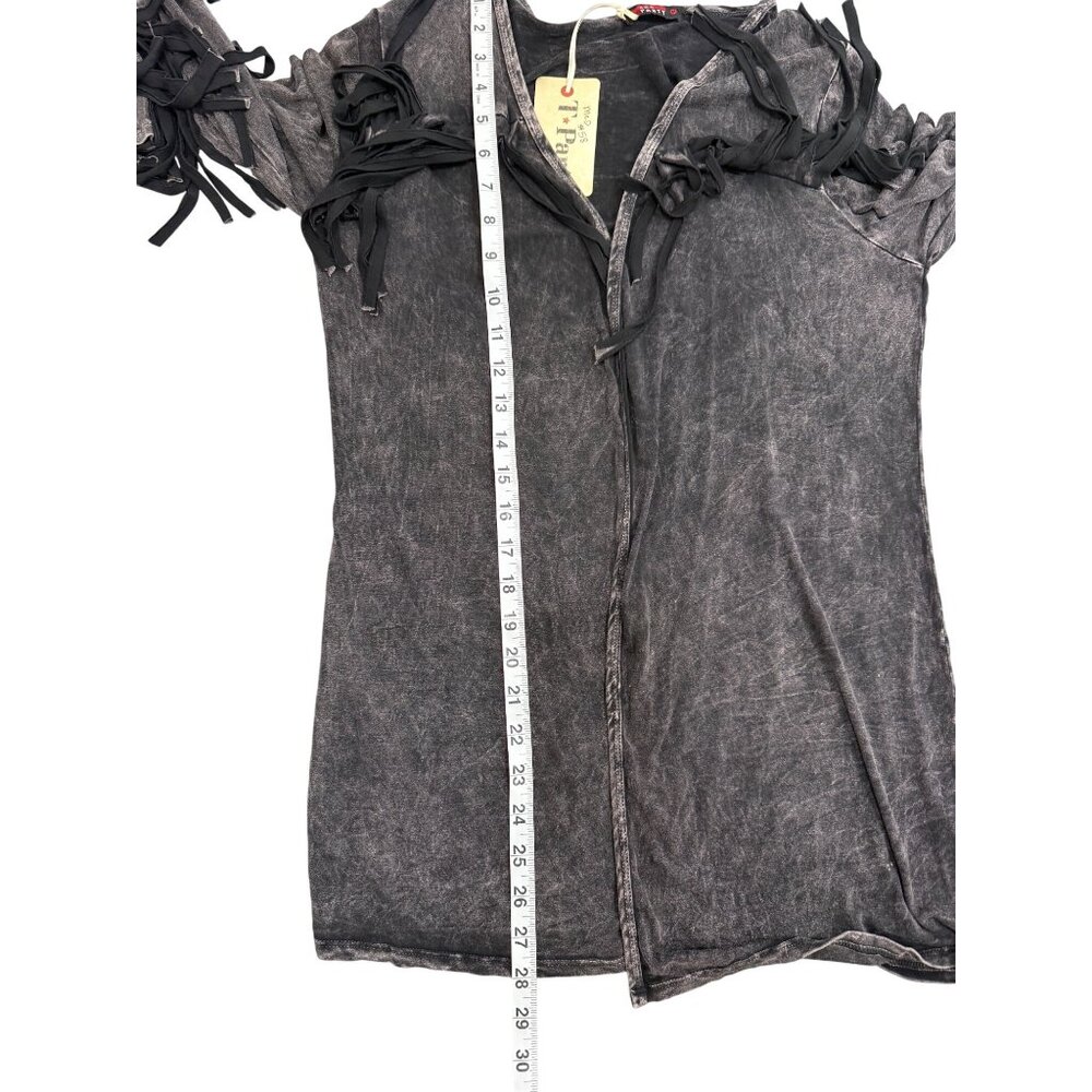 T Party Womens Size M Open Front Cardigan Fringe Washed Black Long Sleeve NEW - Picture 6 of 7